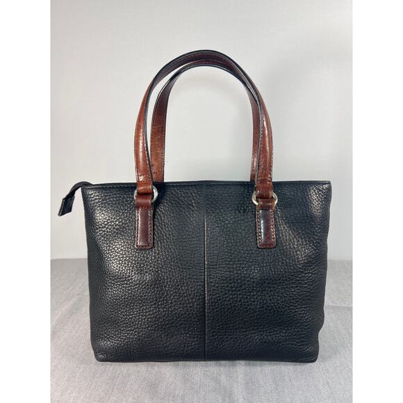 Fossil Leather Tote Bag, Black pebbled leather with brown handles. - Picture 3 of 12